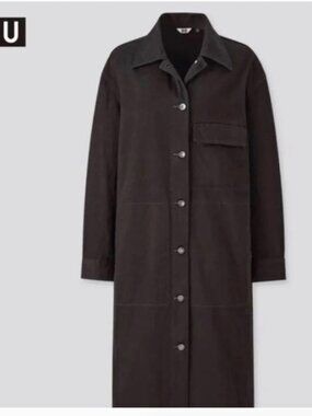 UNIQLO U Oversized Long Black Belted Denim Dress Jacket Size: L